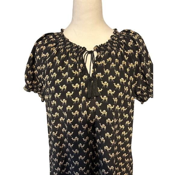 Joie 100% Silk Blouse Top Women's Size Medium Black Camel Print Key Hole Tassels - Picture 2 of 7